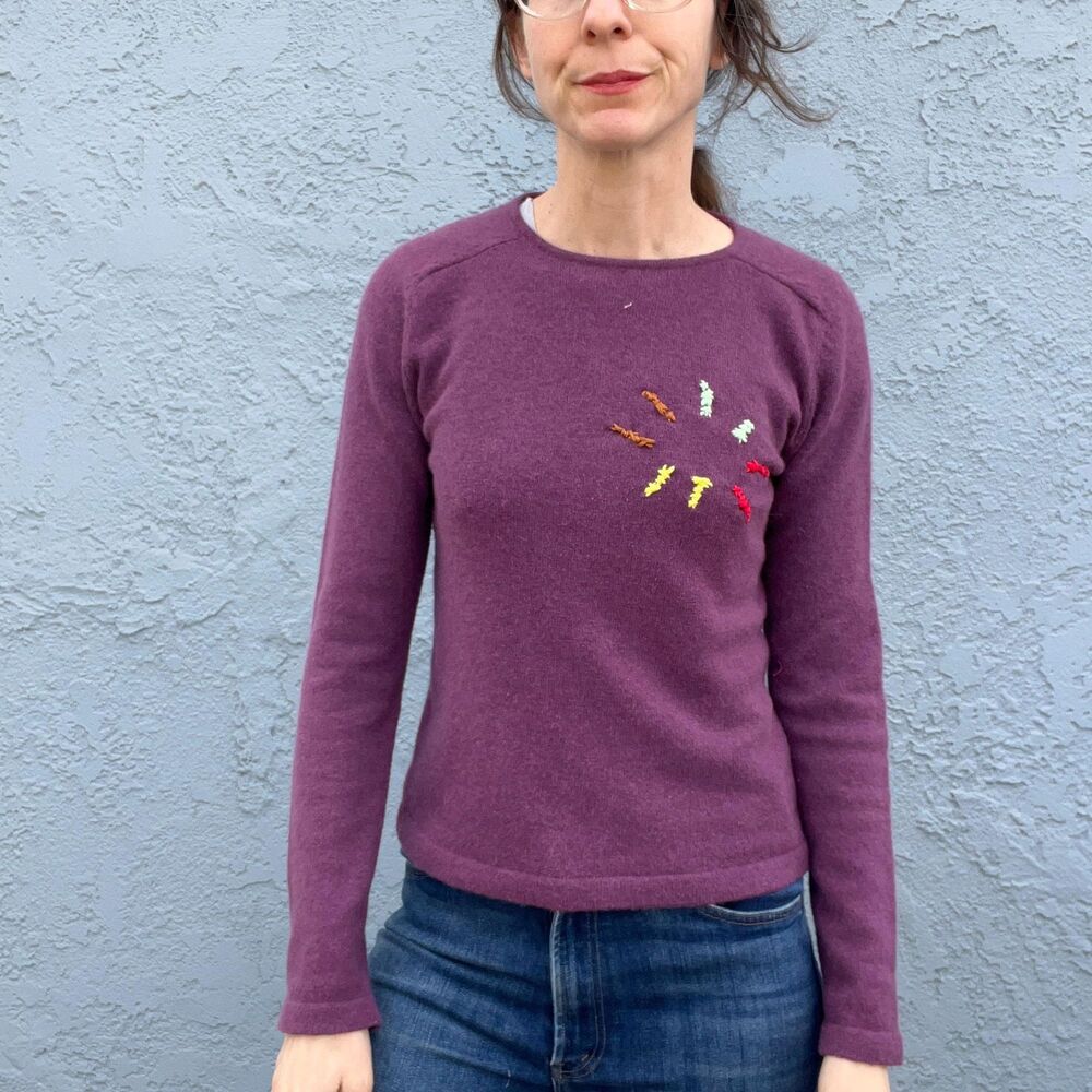 Womens Hand Embroidered Sweater Upcycled One of a kind Womens Small Art to Wear